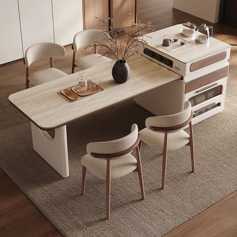 语音电动伸缩智能岛台餐桌一体家用法式奶油风轻奢岩板简约中导台