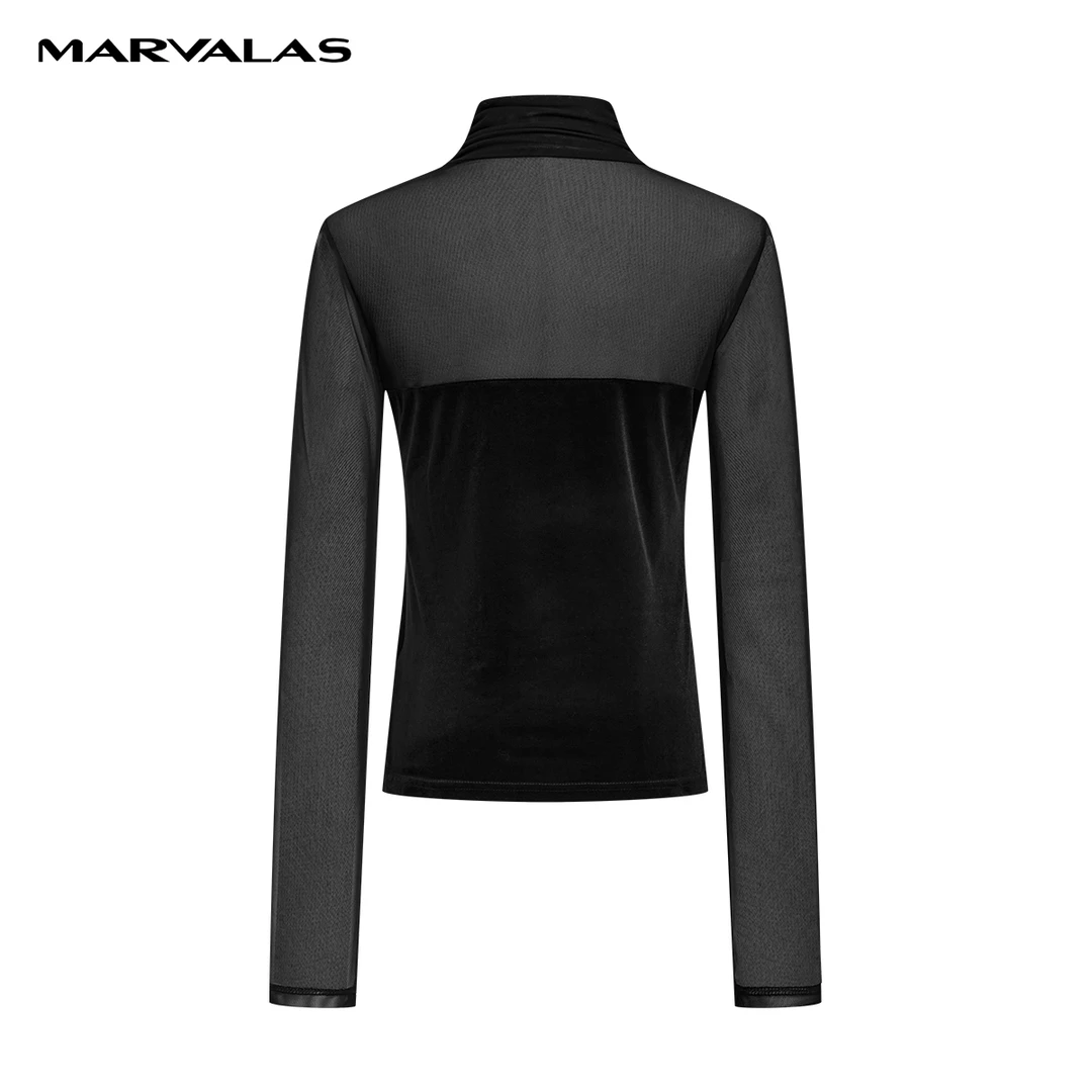 【北姐专属】遮肚子曼德诗高领拼色小衫天鹅绒时尚拼接上衣