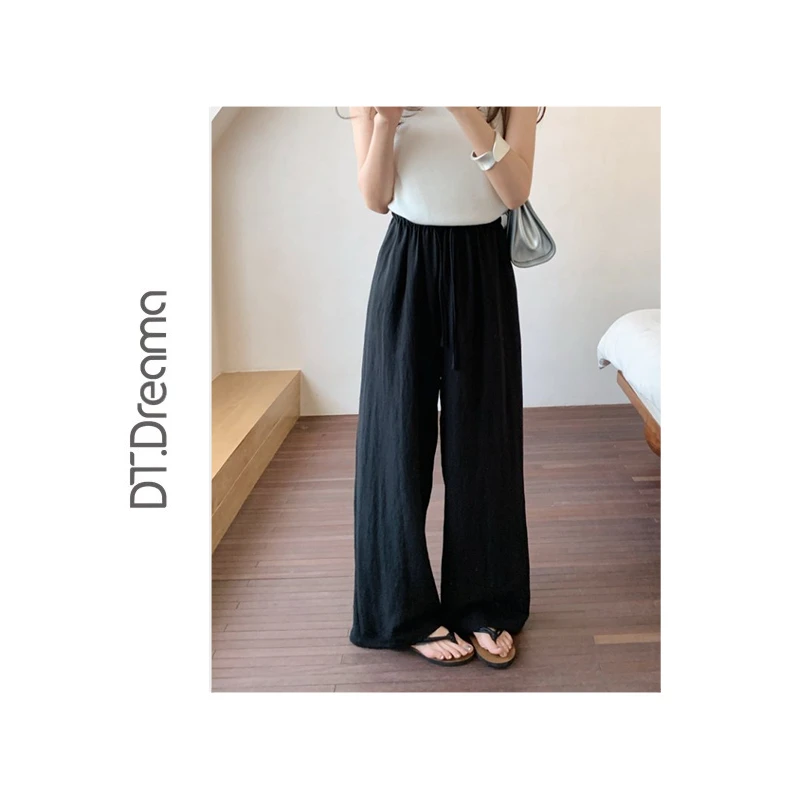 慵懒老钱风抽绳裤女百搭松紧腰亚麻通勤百搭直筒阔腿纯色长裤