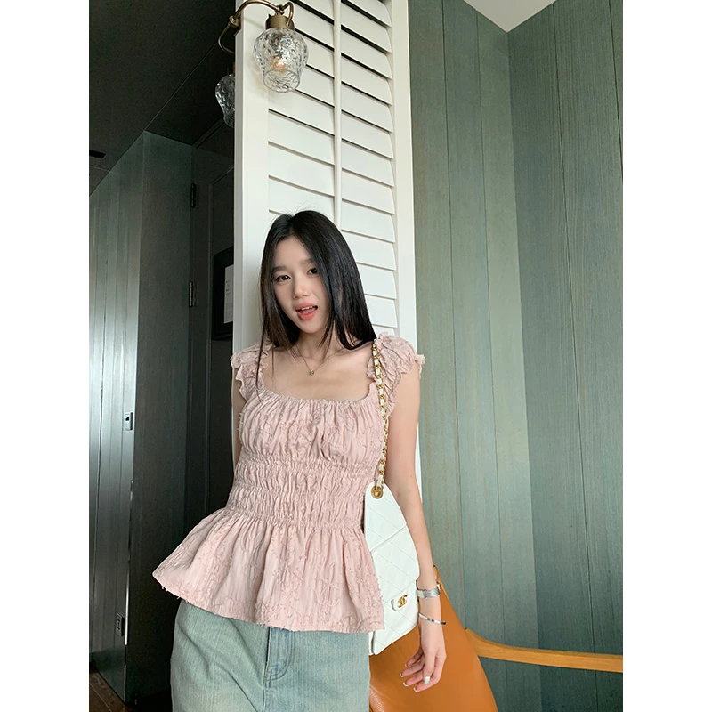 王少女的店 粉色夏季显瘦提花收腰U领法式气质女装衬衫 C35559S52