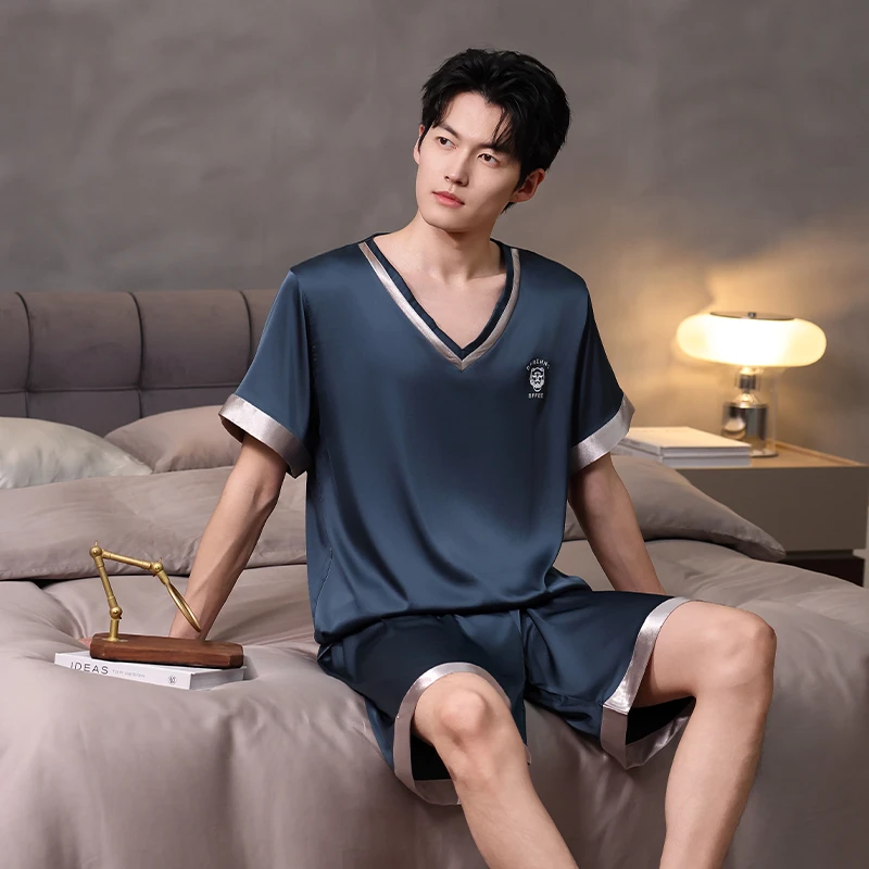 熙泊品2025年夏季新款V领冰丝睡衣家居服男藏青色高级感薄款套装