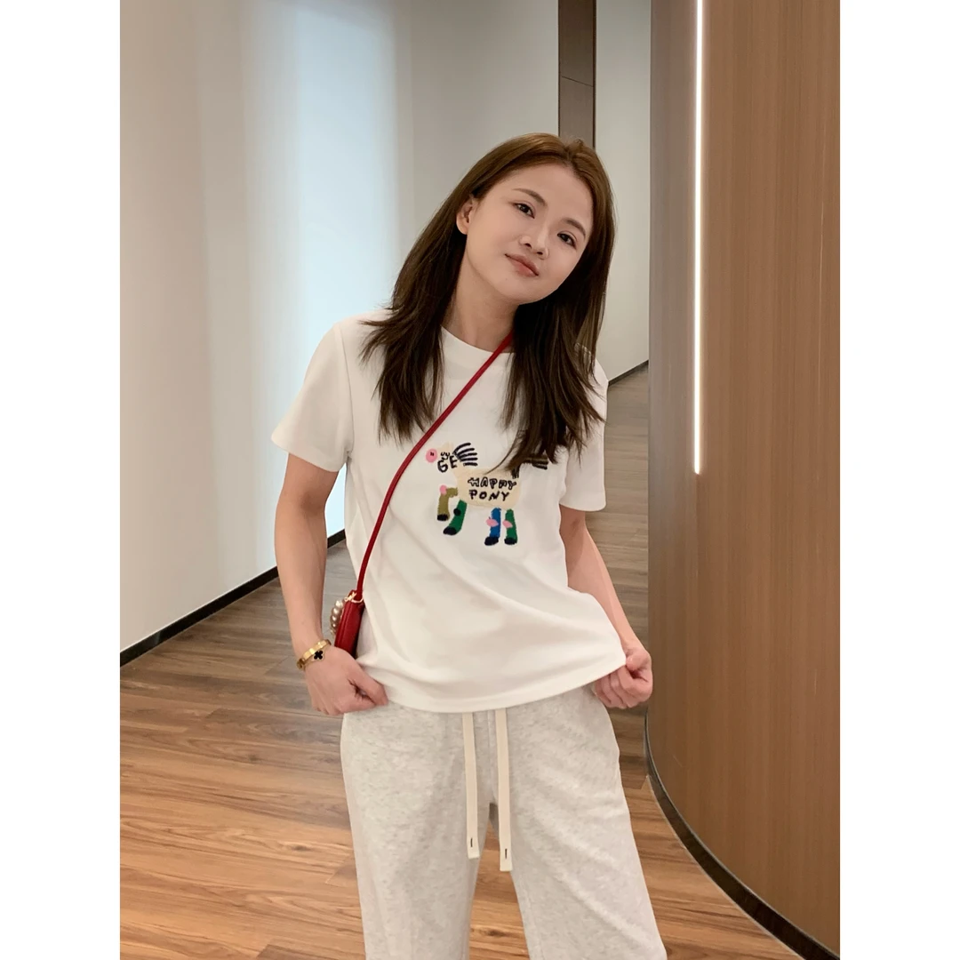 YO定制韩系时髦减龄卡通刺绣短袖T恤夏季休闲百搭宽松圆领上衣