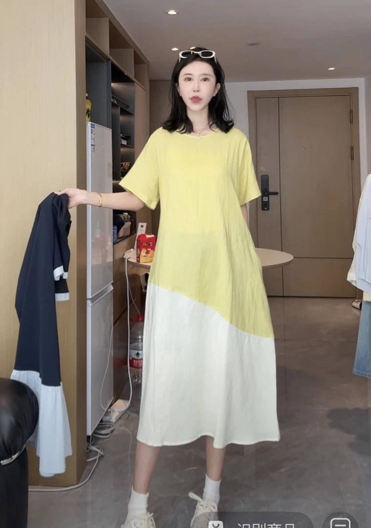 【柚YOYO】夏季气质时尚简约款假两件连衣裙天丝亚麻凉透气宽松