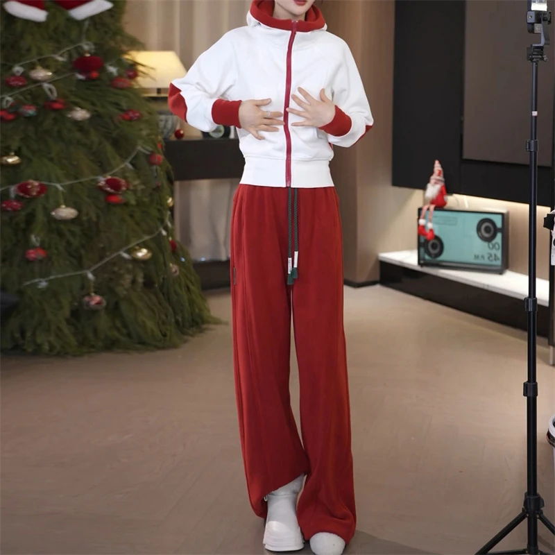 时尚通勤百搭套装女2025春季新款拼色连帽卫衣高腰阔腿裤两件套潮