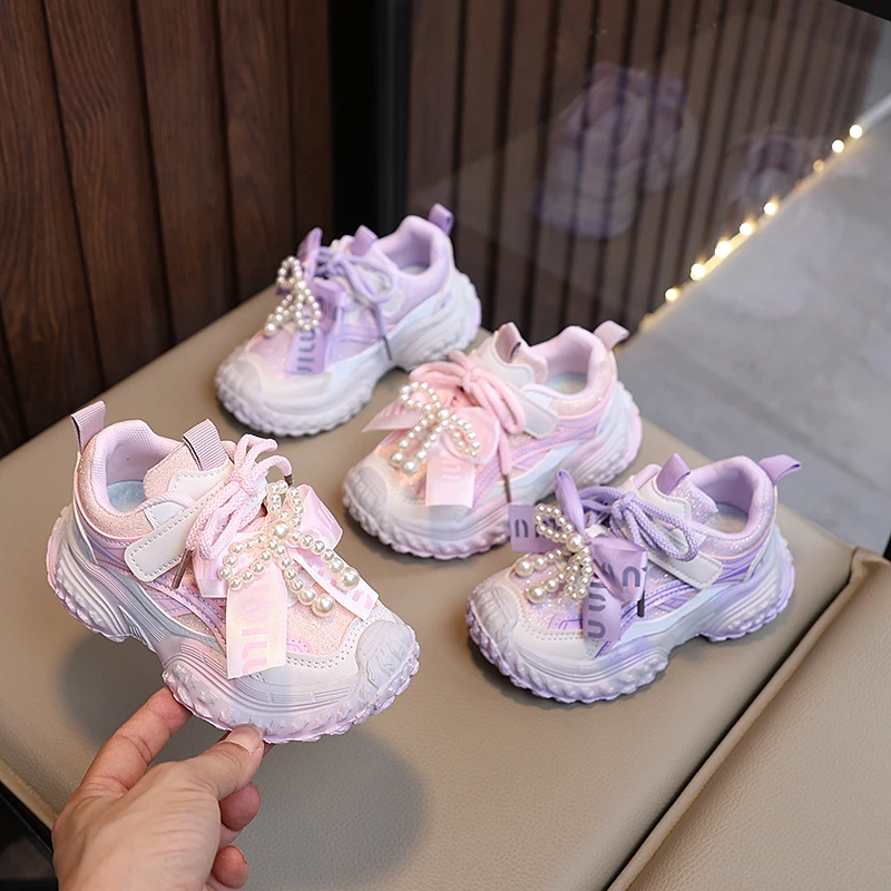 女童运动鞋冬季新款女童加绒老爹鞋3-12岁公主鞋时尚蝴蝶结二棉鞋