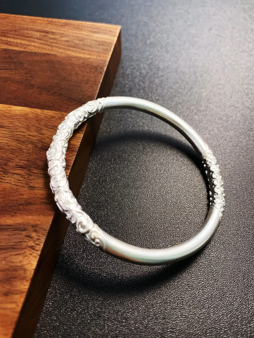 足银手镯 卷草纹正品足银手镯古法实心小众素圈手环