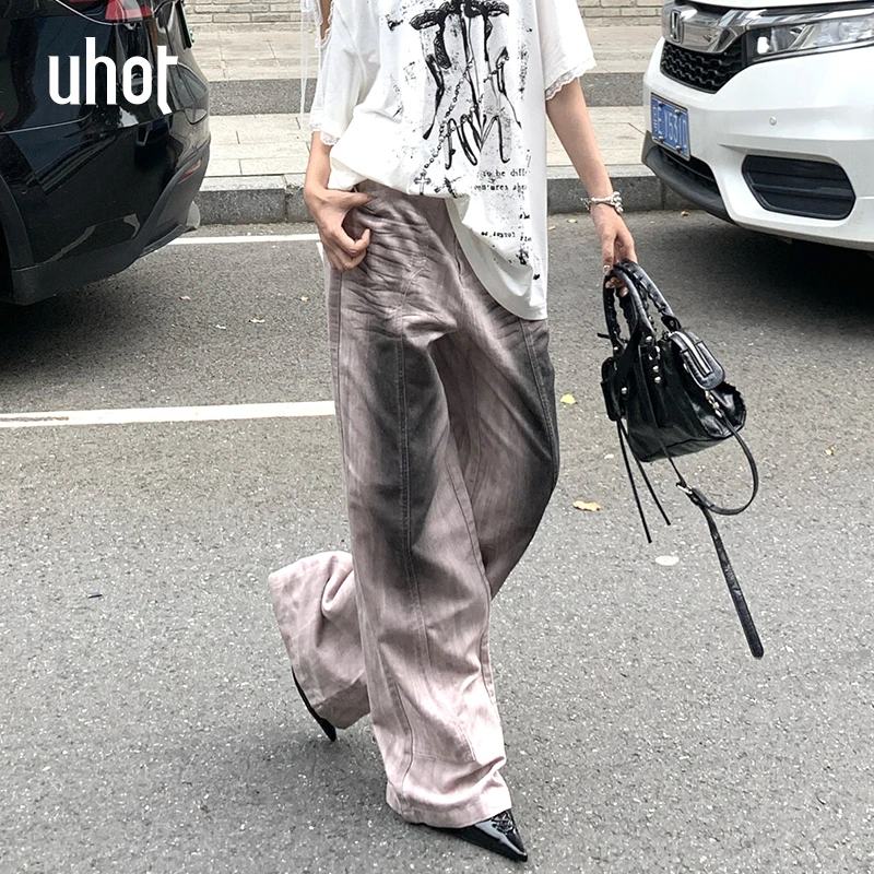 UHOT 粉色水洗擦色做旧手工脏染牛仔长裤女25夏季新款 UWWR2K654M
