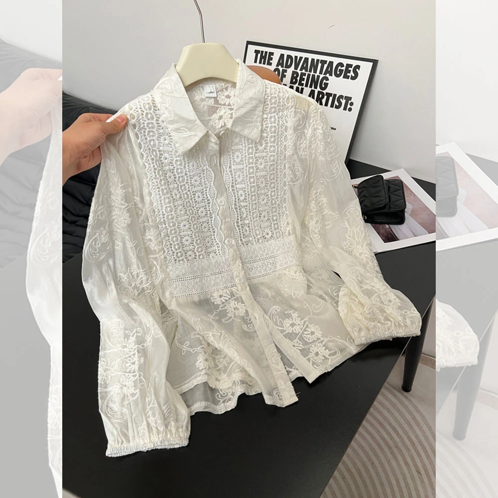 蕾丝提花长袖衬衫女秋季新款胖MM大码女装设计感宽松显瘦减龄上衣