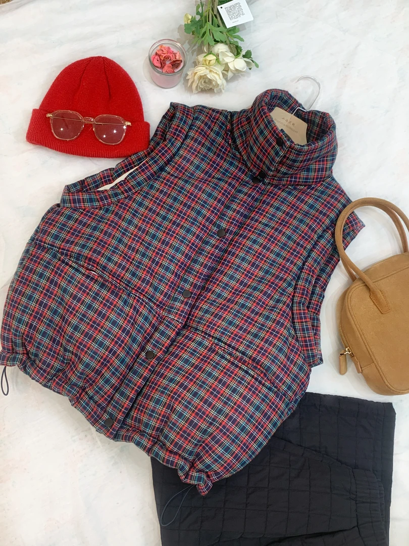 J1831 休闲格子马甲无袖棉服外套女