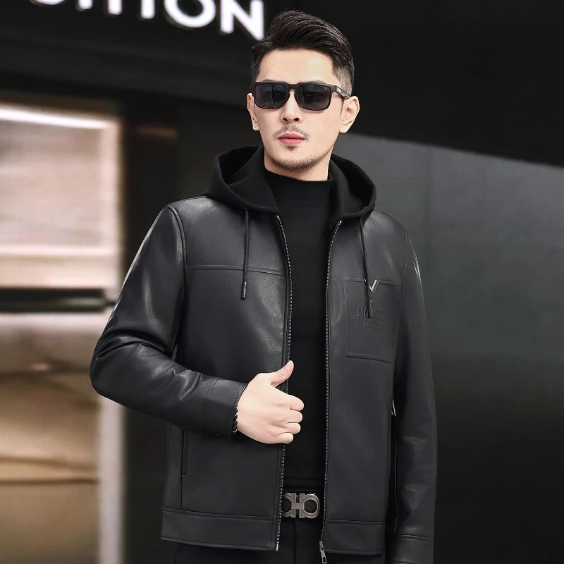 皮衣羽绒服男短款轻薄冬季连帽短款加厚夹克中年潮流男装保暖外套