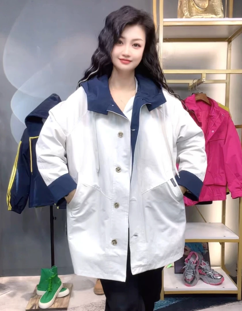 奇奇家时尚韩版大码女装2025秋季新款时尚长款设计感拼色风衣外套