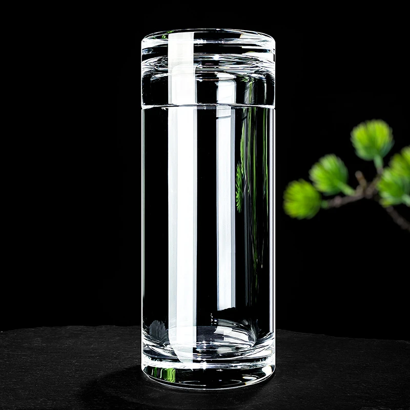 原矿水晶杯带盖直筒盖杯茶杯高档水杯一杯两用茶器茶具茶室送礼