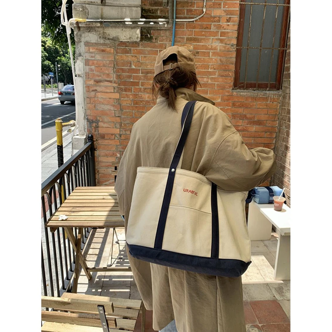 肥肥自制包包女2024秋冬新款大容量ins小众拼色帆布单肩腋下大包