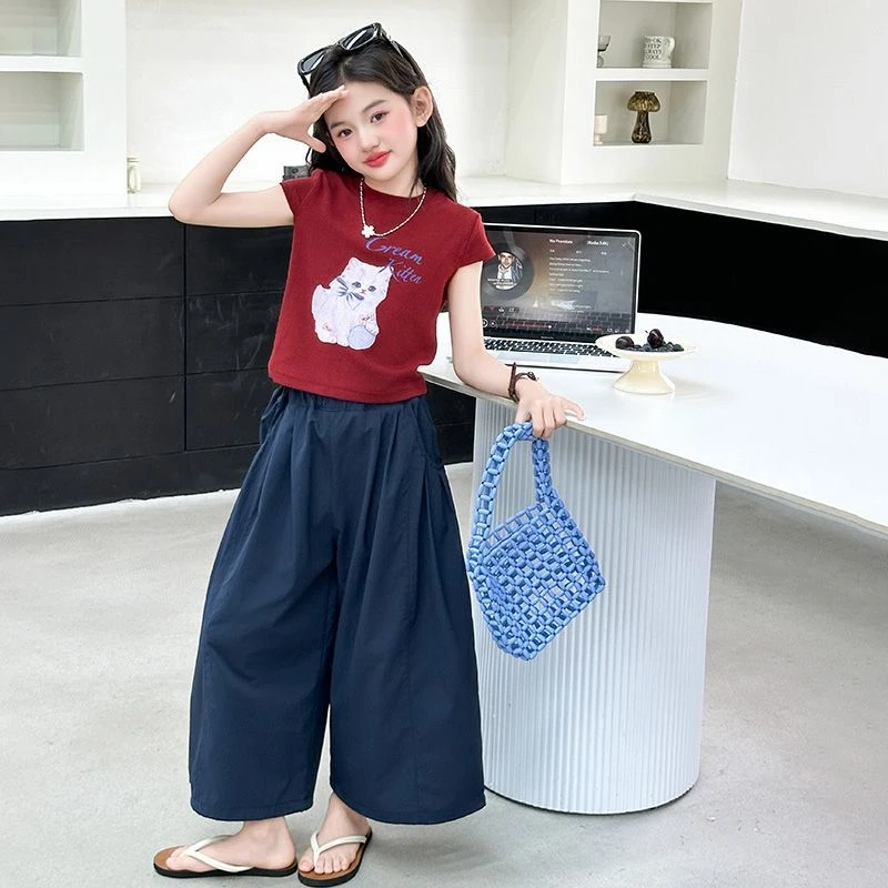 女童夏季短袖t恤套装2025新款韩版洋气薄款儿童休闲阔腿裤两件套