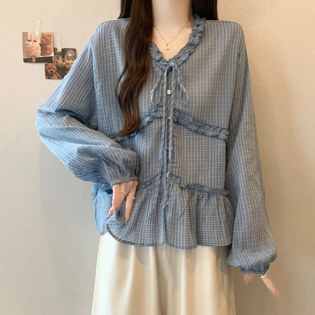 大码木耳边系带格子V领长袖衬衫女春秋胖MM宽松显瘦百搭洋气上衣