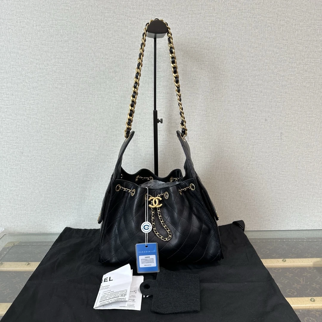 99新 Chanel/香奈儿 黑金抽绳25sbag hobo包 61611