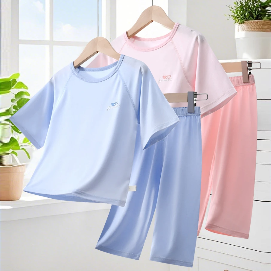 8197莫代尔儿童睡衣夏季薄款短袖套装女童男童睡衣家居服空调服