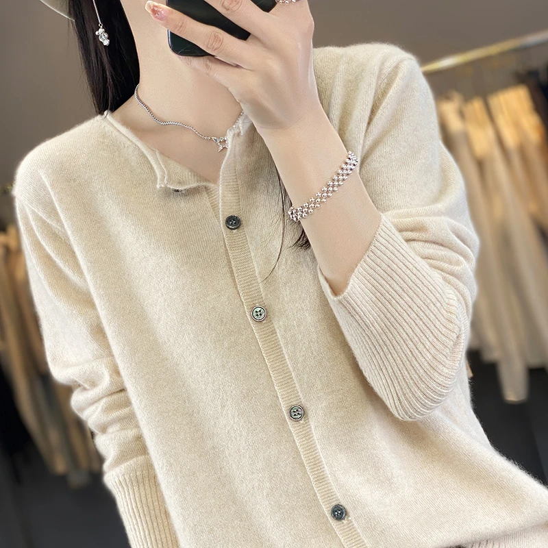 【GUZAI.JIA】简约~圆领针织100%纯羊毛衫韩版宽松薄款打底毛衣纯色