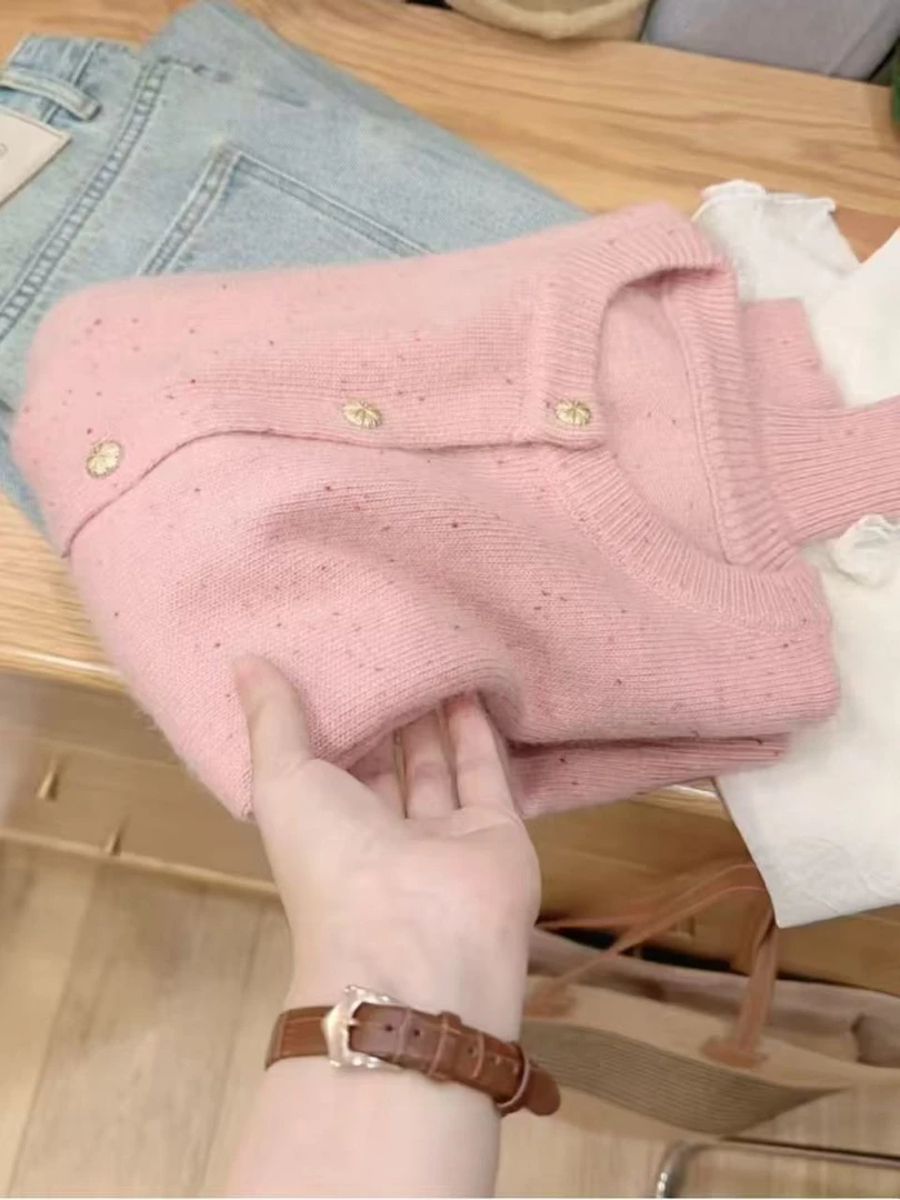 七言家巨好看！ins穿搭#金豆花纱粉软糯开衫毛衣