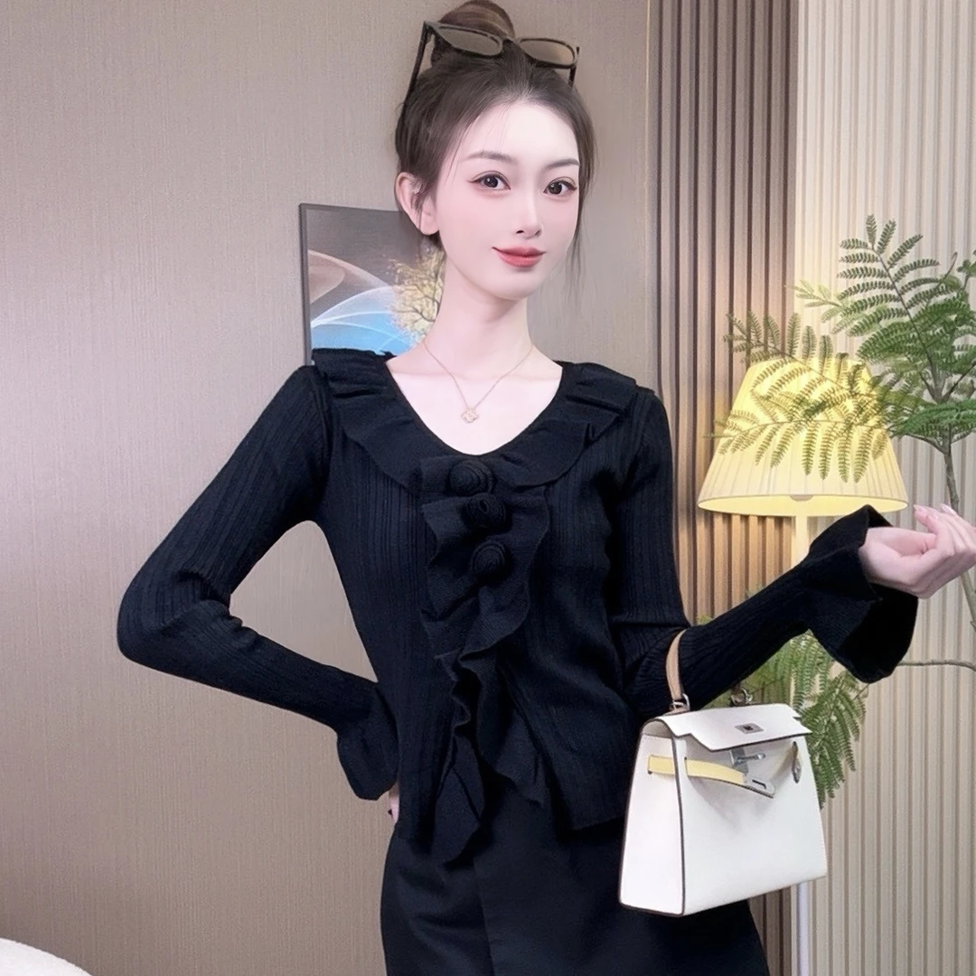 设计感重工荷叶边百搭时尚长袖针织衫