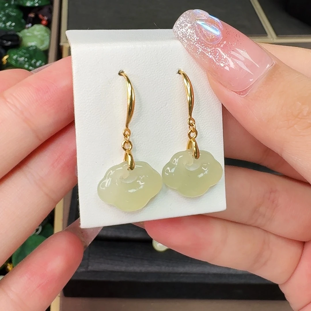 和田玉银S925镶嵌颈饰晴水耳环如意款