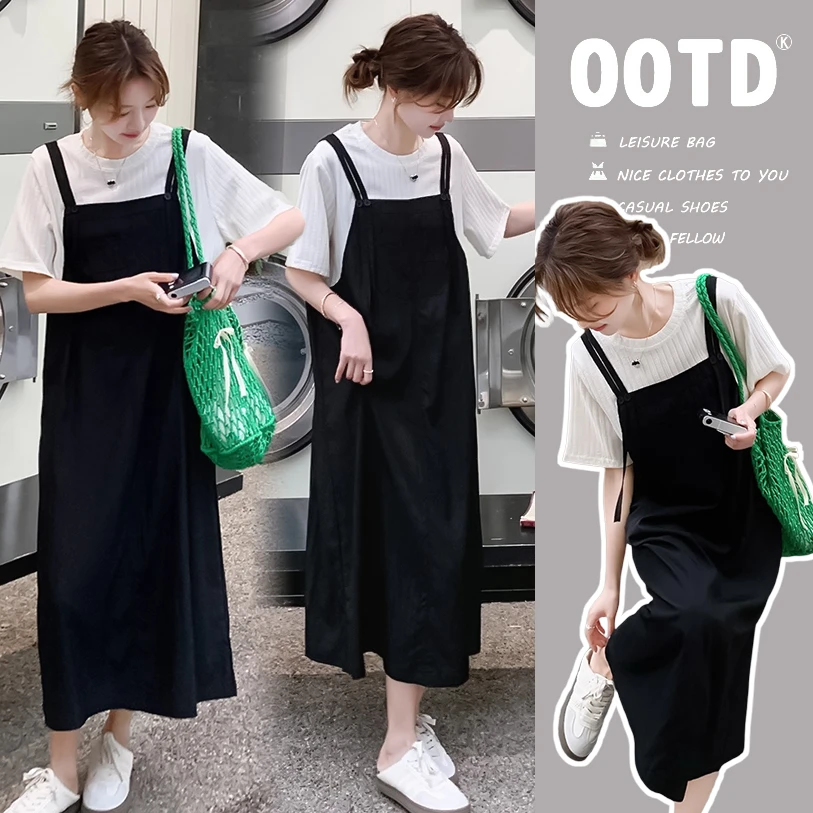 2025年新款孕妇装宽松大码黑白拼接假两件t恤背带连衣裙夏季