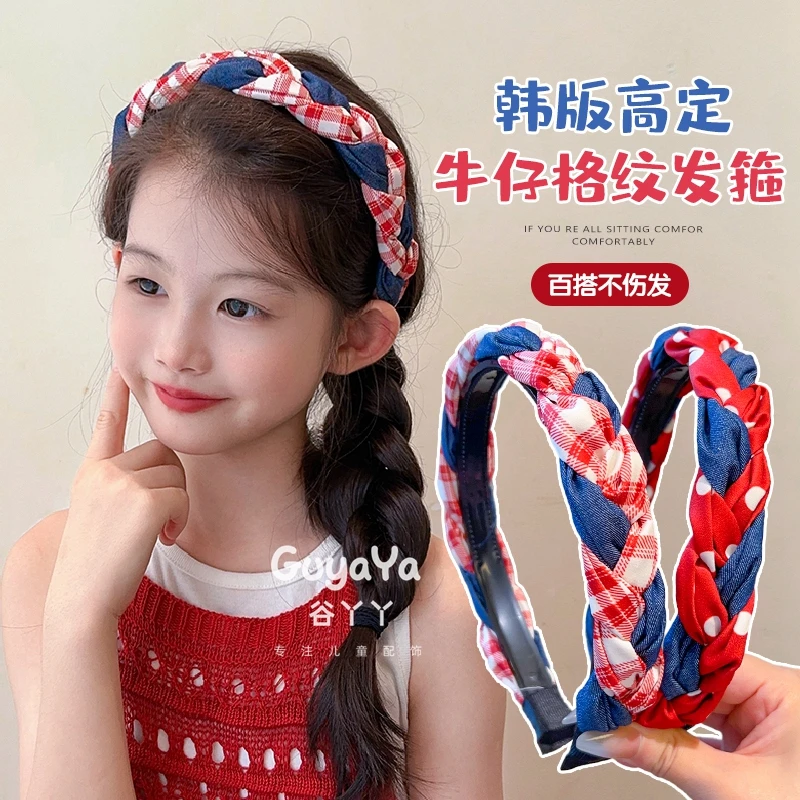 儿童发箍学院风红色格子麻花头箍女童发饰压发卡亲子头捆头饰发饰