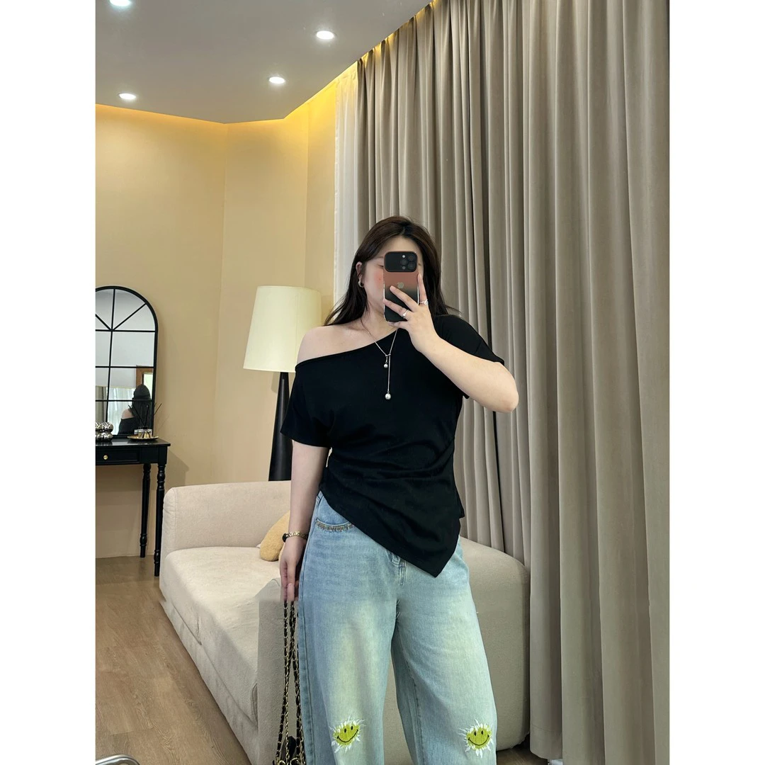 2025年夏洋气修身斜肩中袖T恤小众不规则设计感性感显瘦上衣