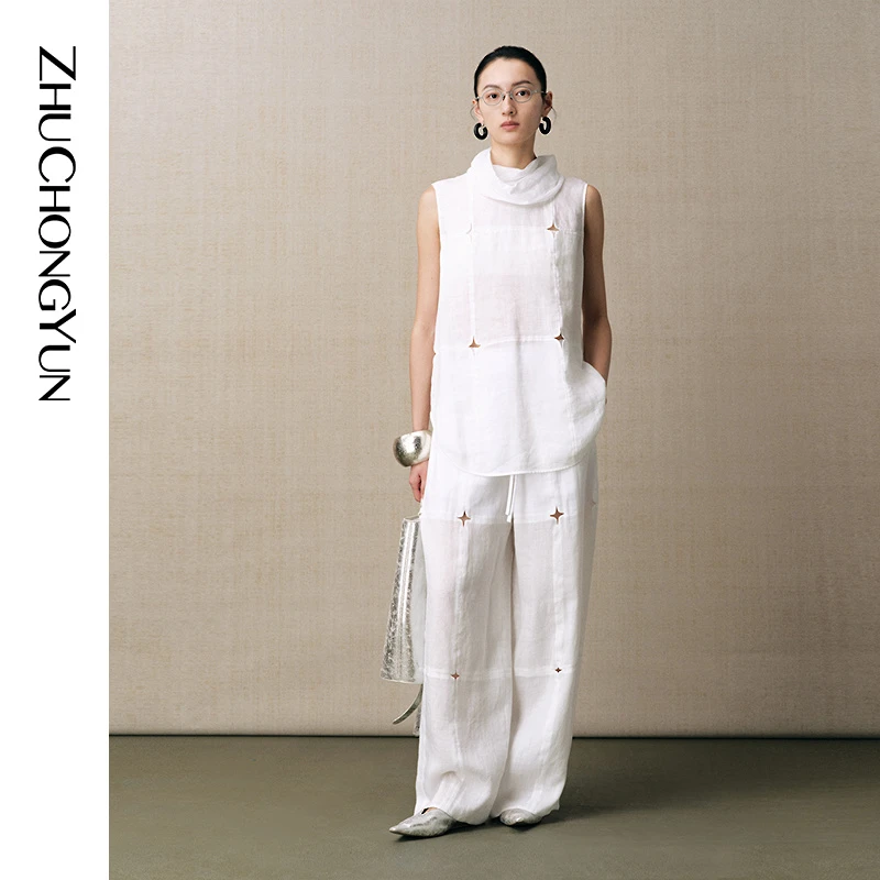 ZHUCHONGYUN2025夏新款苎麻天丝高领拼接镂空无袖上衣C1FZ23551