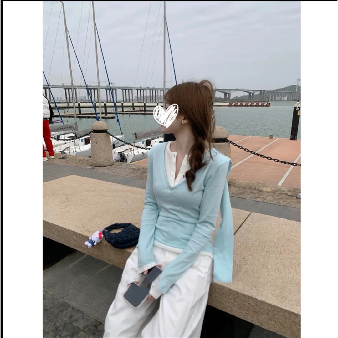 2025春季薄款高级气质修身显瘦小众独特假两件长袖内搭打底衫上衣