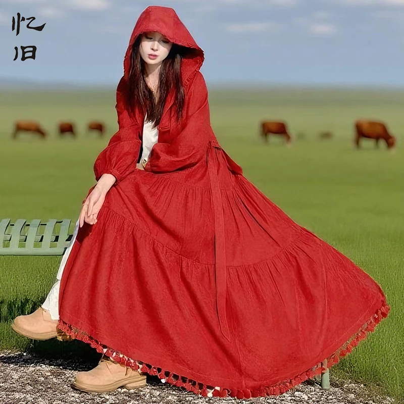 【林间枫语】纯色连帽流苏风衣2025早秋新款出游必备木耳边外套