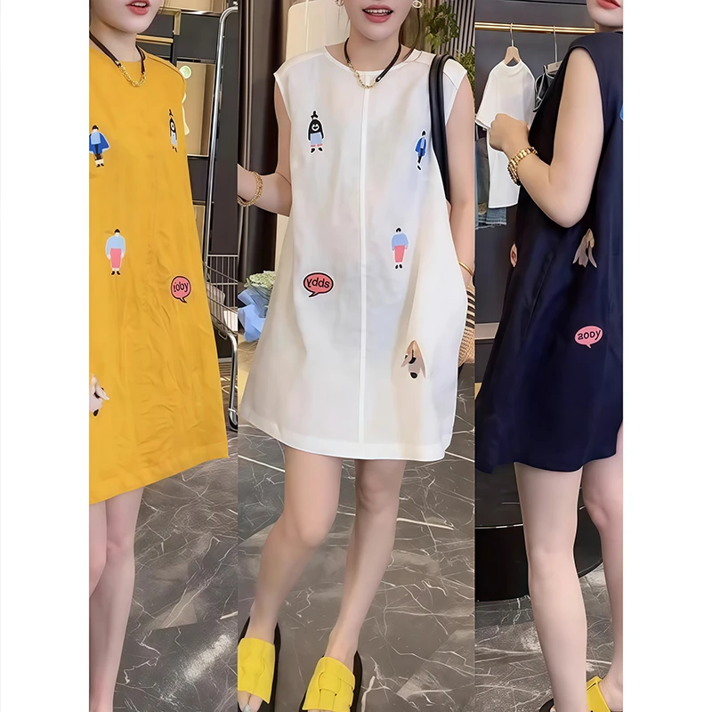 2025夏季新款宽松显瘦时尚圆领卡通连衣裙女慵懒风百搭懒人背心裙