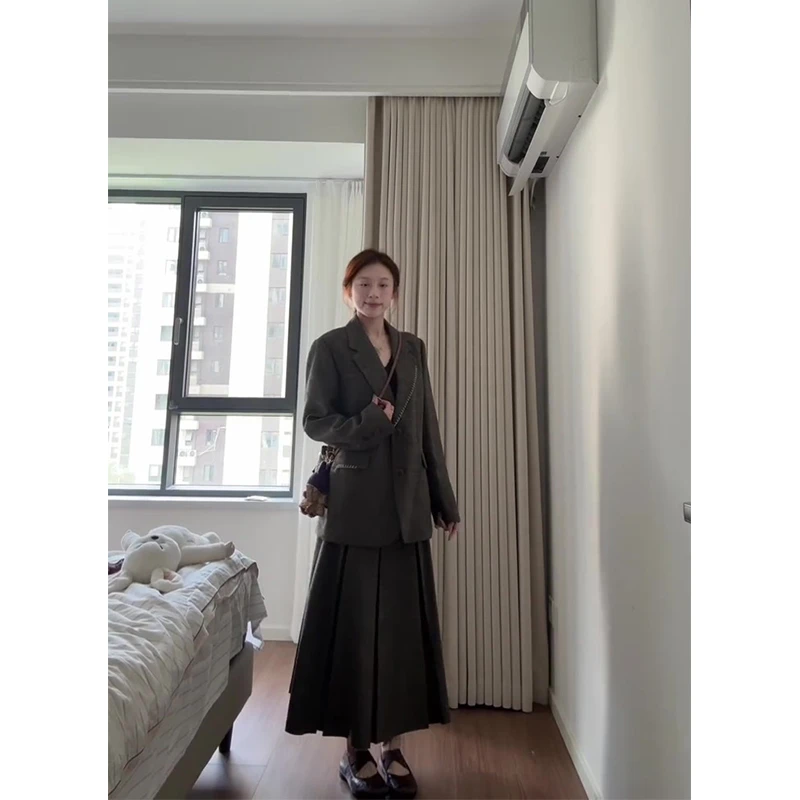 MARIE.COCO学院风西装套装女秋季新款翻领长袖开衫外套百褶半身裙