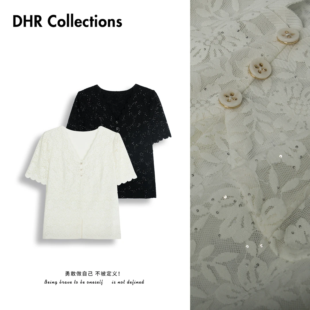 DHR COLLECTTIONS豆豆2【】夏V领刺绣蕾丝短袖T恤女上衣-D2009