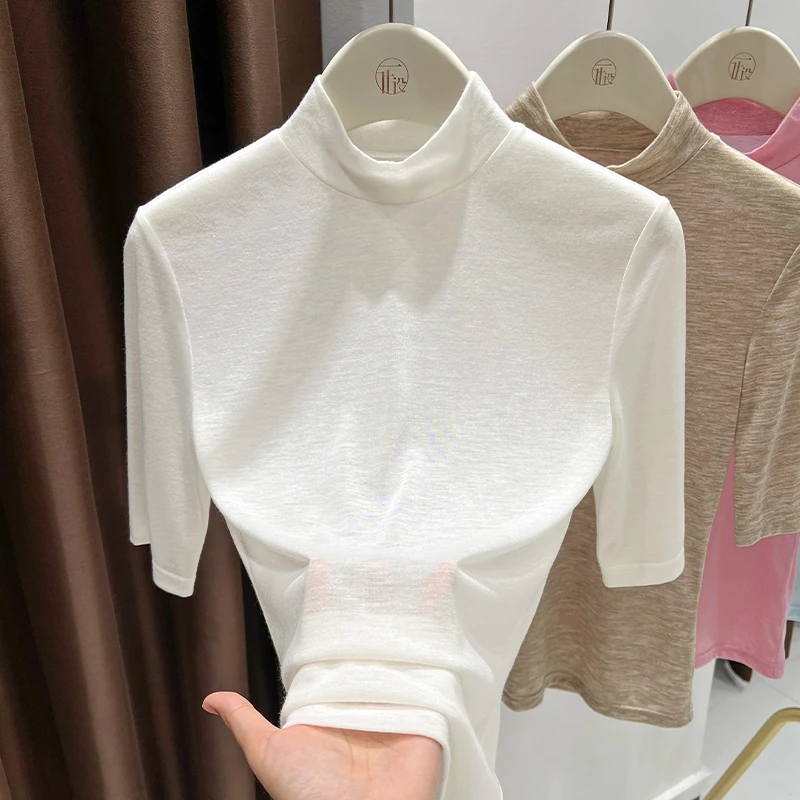 半高领软糯中袖白色小衫内搭2025新款爆款五分袖设计感气质上衣女