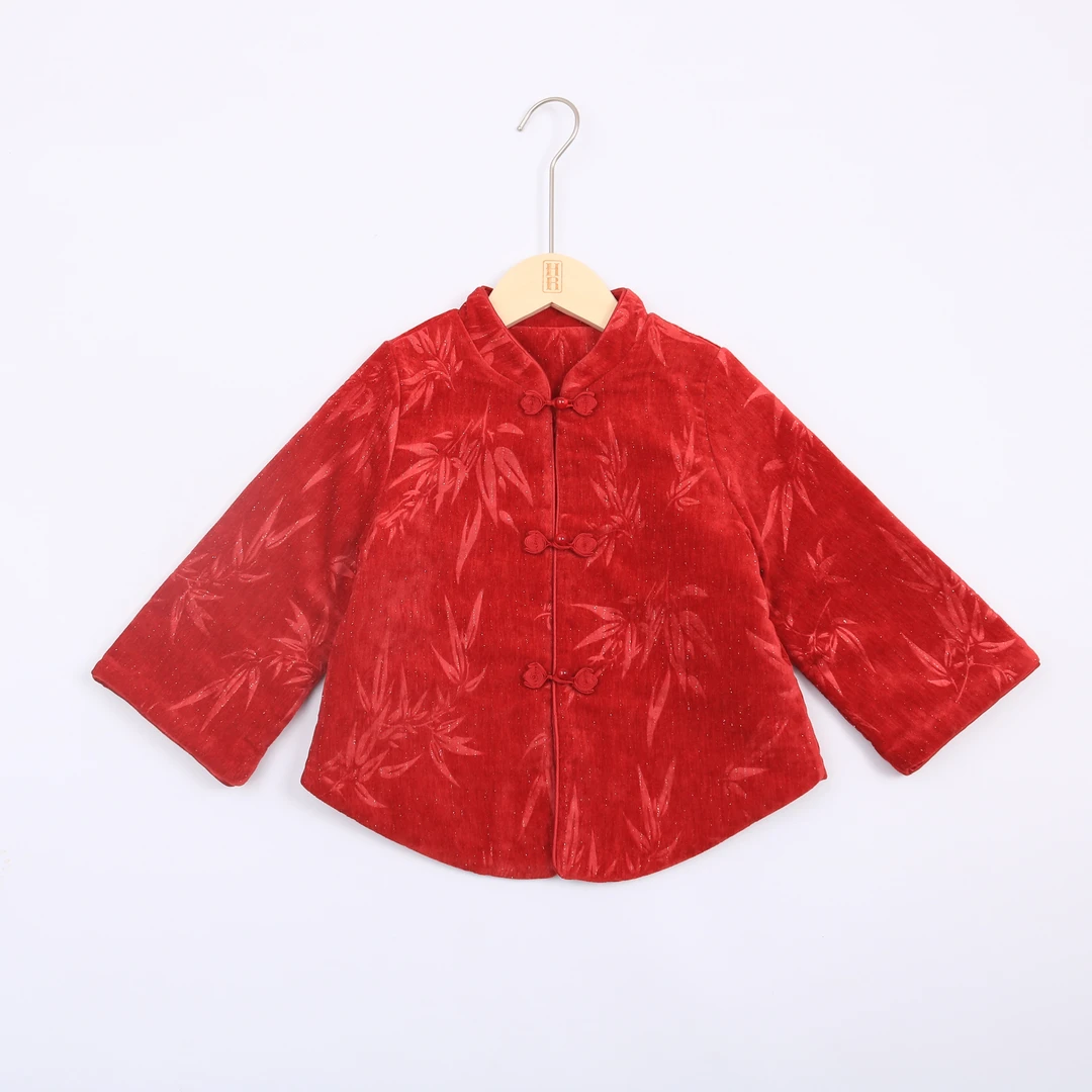 女童拜年服夹棉外套冬季大红色国风汉服红色洋气喇叭袖棉袄外套