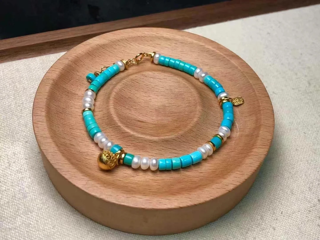 纯天然高瓷蓝绿精美绿松石直切手链，diy设计款，直径4，瓷色漂亮