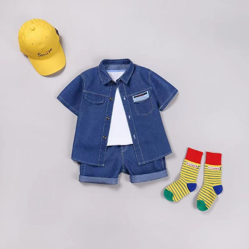 潮牌童装男童夏装套装25新款男童t恤短袖夏季软薄牛仔衬衫两件套