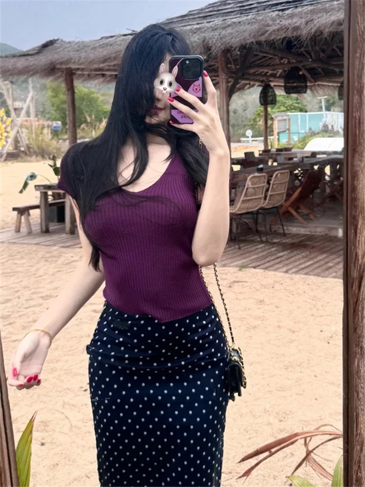 好白好欲纯欲显白御姐基础款V领针织短袖收腰T恤夏季紫色洋气上衣