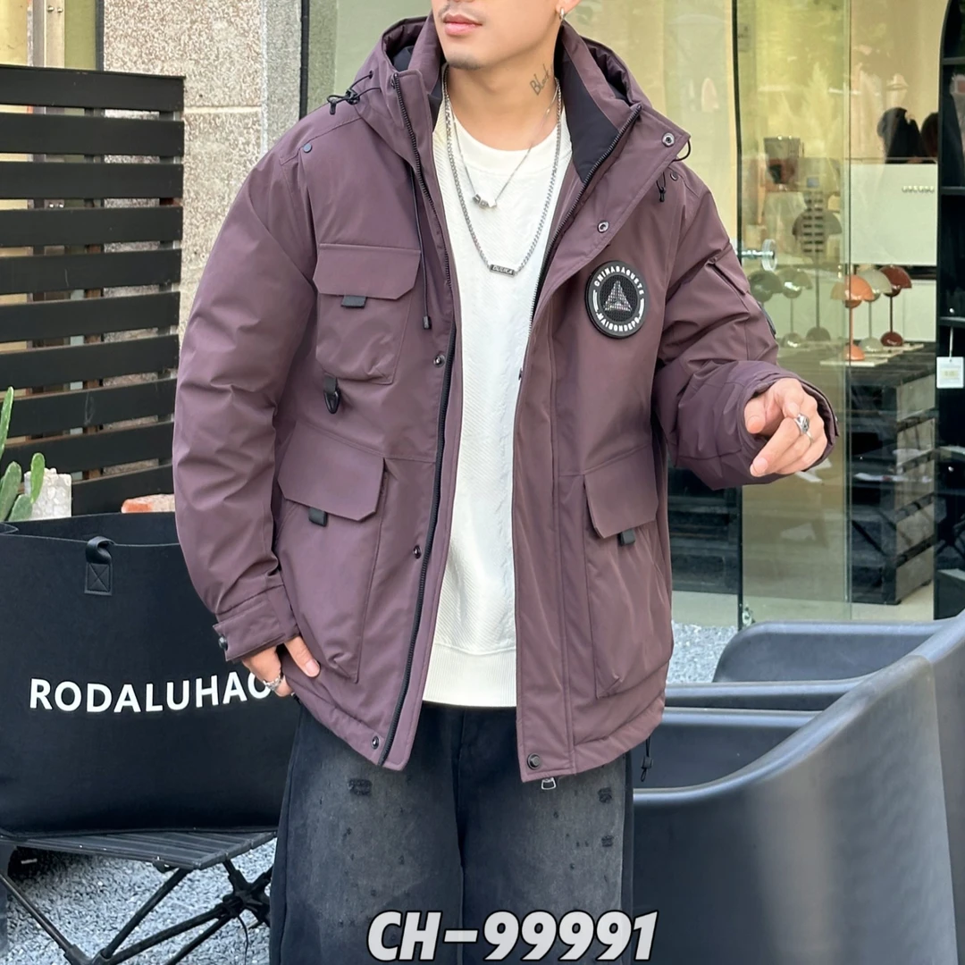 Y991秋冬美式男士宽松大码保暖上衣冬季工装连帽防寒服外套