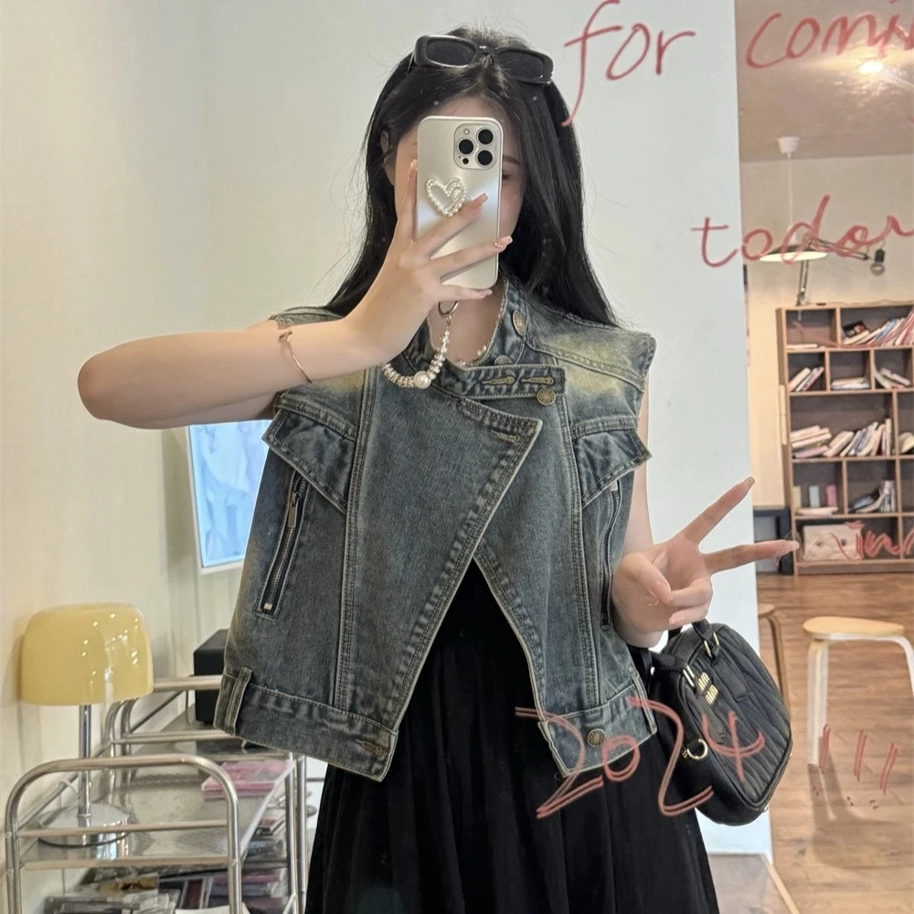 新款机车美式休闲百搭牛仔马甲小个子复古港风立领水洗外套7616 L