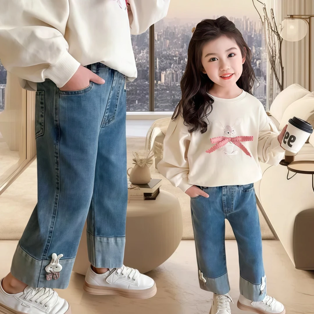 女童牛仔裤春秋款2025新款韩版儿童女宝宝休闲直筒裤春装阔腿裤子