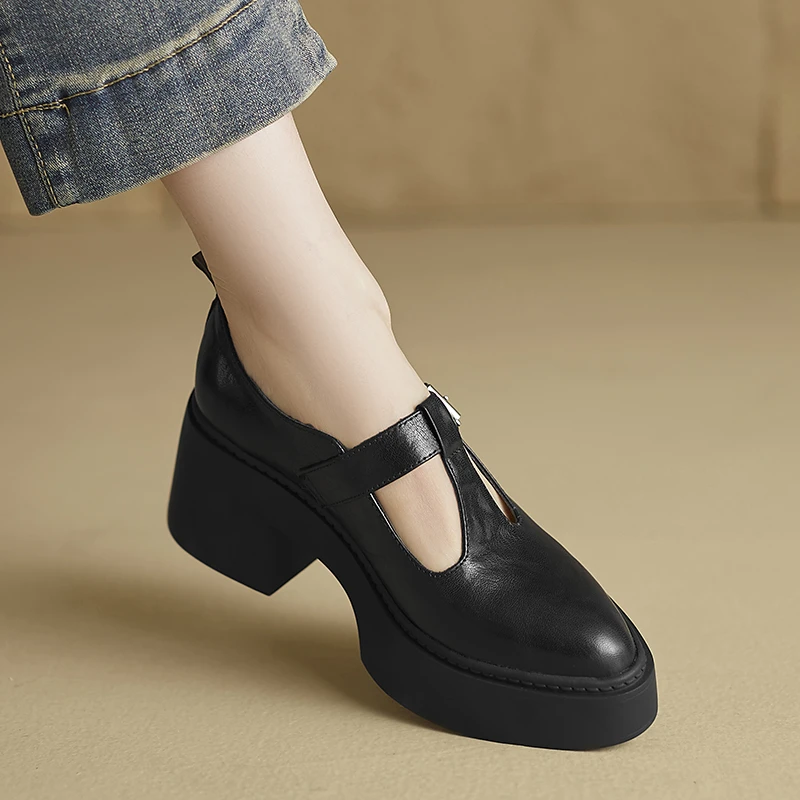 小个子增高8cm~新款百搭真皮粗跟英伦乐福鞋女单鞋复古扣带小皮鞋