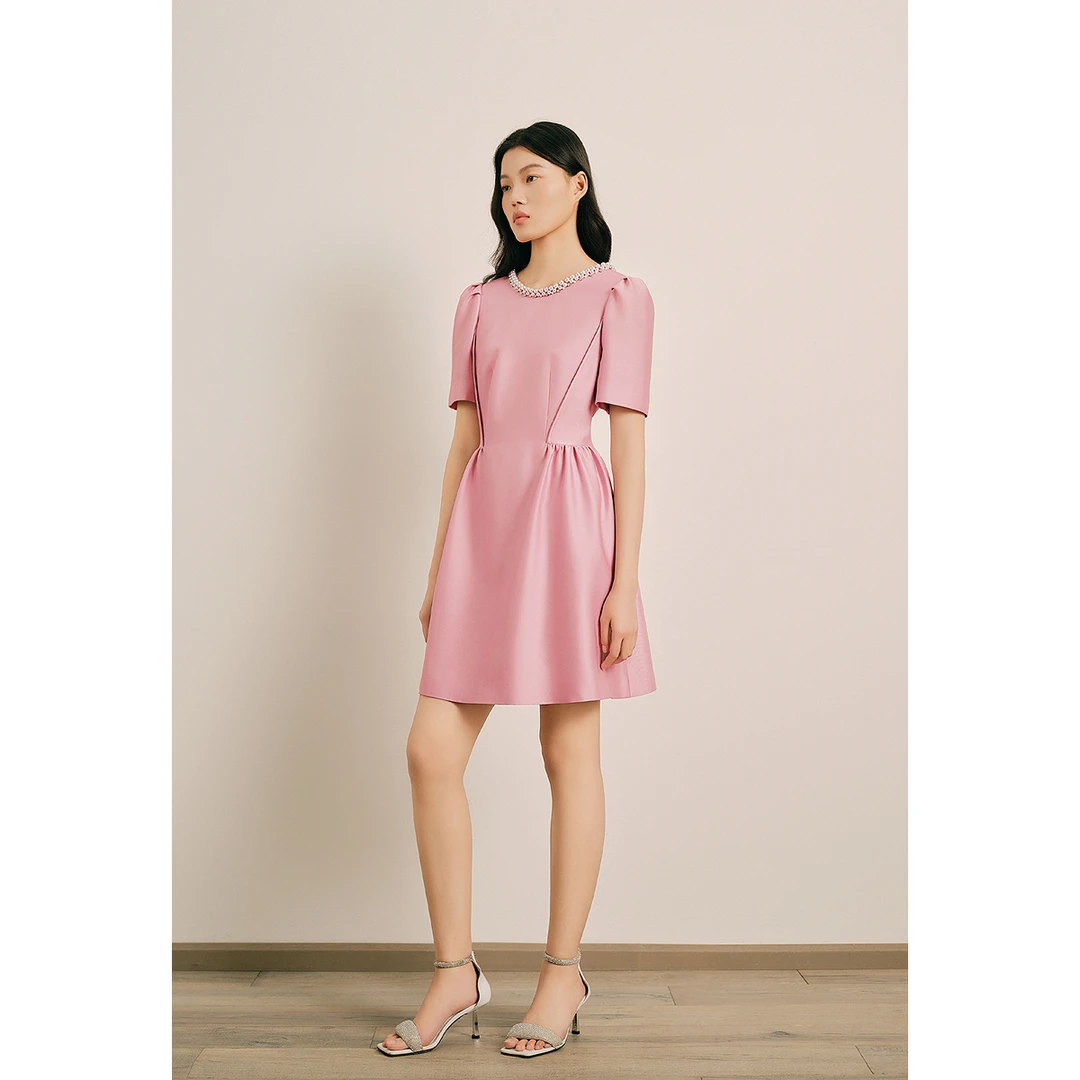 OBBLIGATO奥丽嘉朵25夏钉珠圆山打褶下摆压褶连衣裙1C65205030