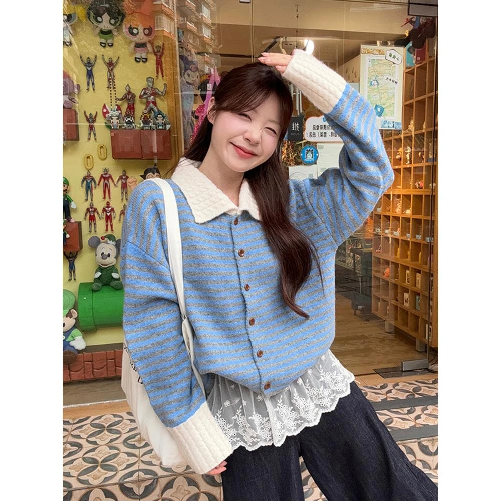 撞色秋冬季长袖毛衣开衫外套女2025新款条纹翻领宽松显瘦韩系上衣