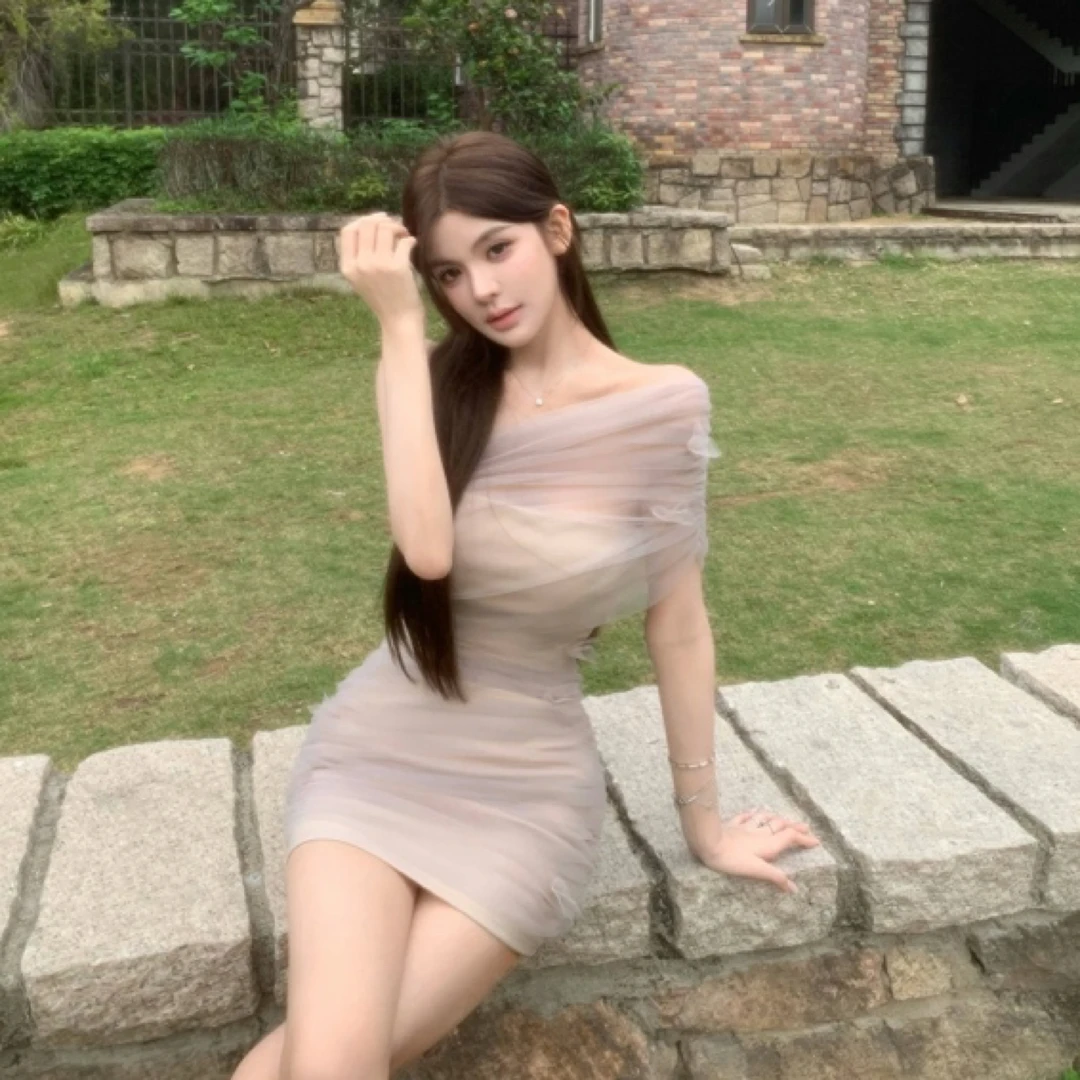 FAY【紫罗兰】性感纯欲风修身显瘦网纱透视斜肩包臀连衣裙