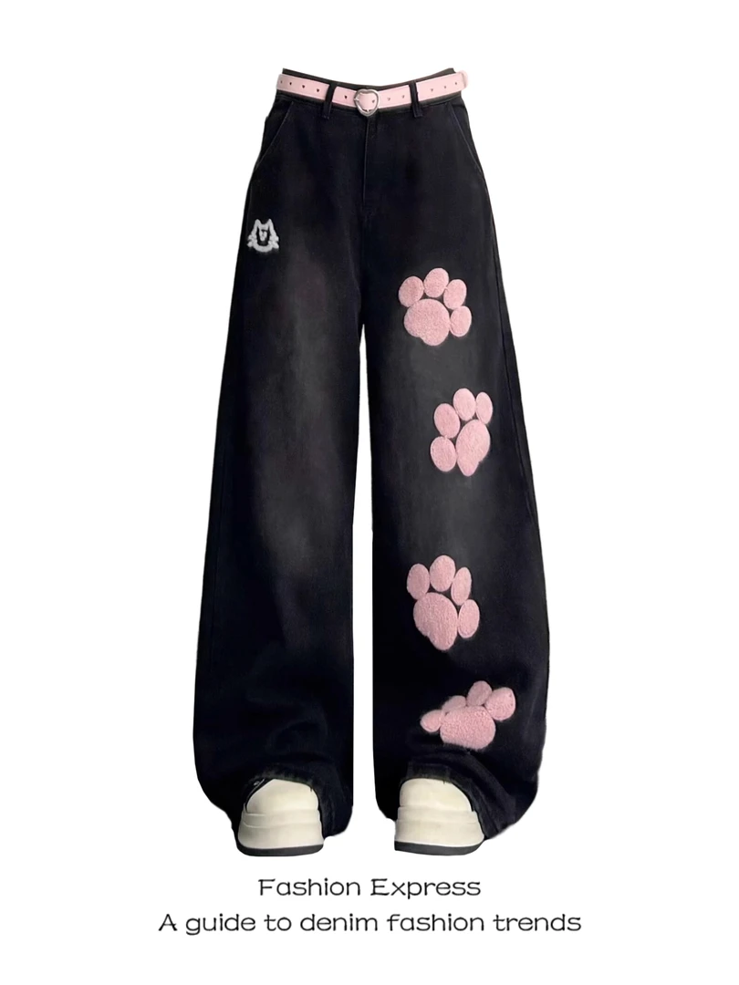 黑色休闲裤女2025新款女秋季甜酷风可爱猫猫刺绣设计感宽松阔腿裤