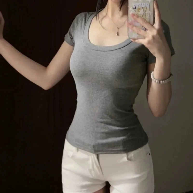 纯色正肩短袖t恤女辣妹新款夏季外穿百搭修身打底U领上衣高级感