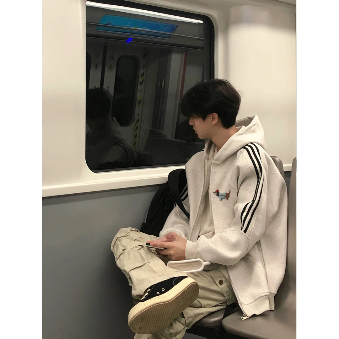 美式简约仿刺绣小狗印花开衫连帽卫衣男女秋冬三条杠百搭拉链外套