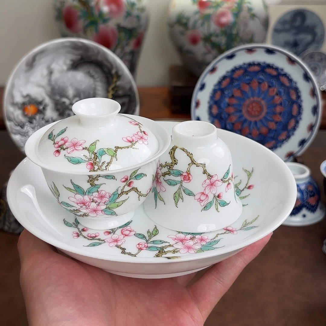 粉彩桃花玉泥杯子盖碗壶承